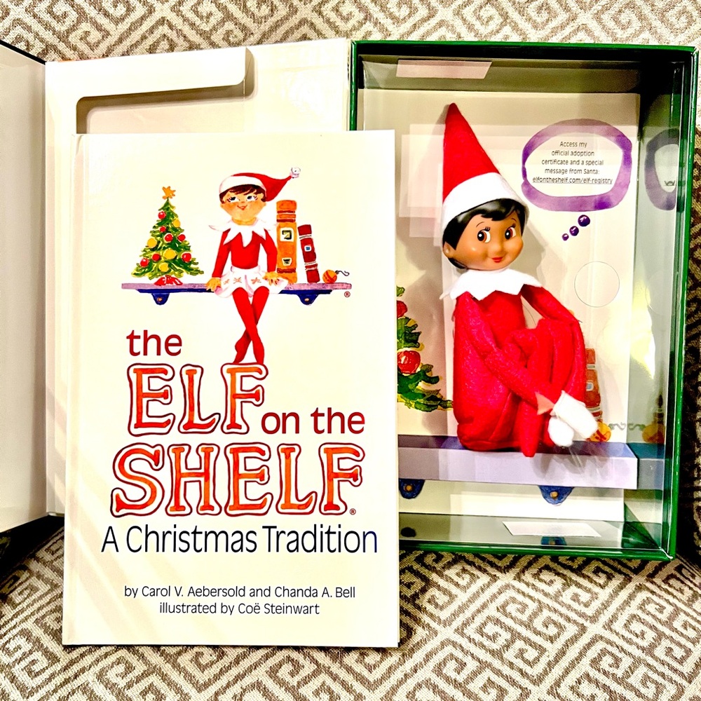 Elf on the shelf- Brown,Hair & Eyes Red Christmas Doll and Book. Dark skin.